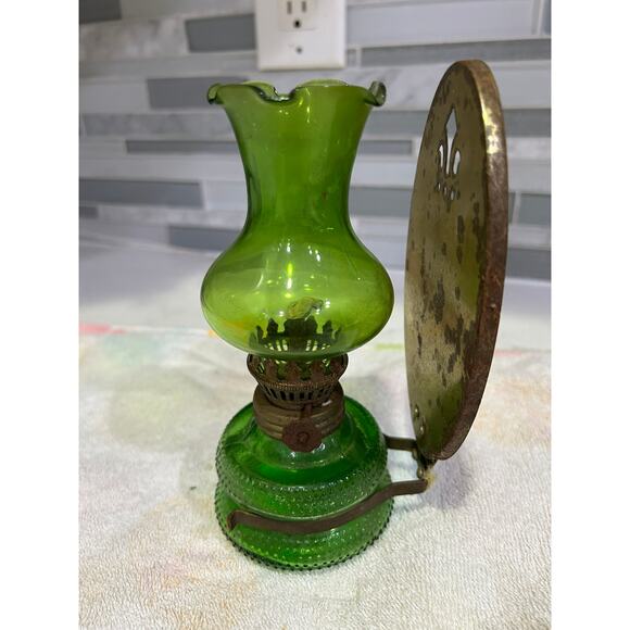 Vintage Stock Mini Oil Lamp with Dark Green Font and Light Green Glass Topper - Picture 2 of 6